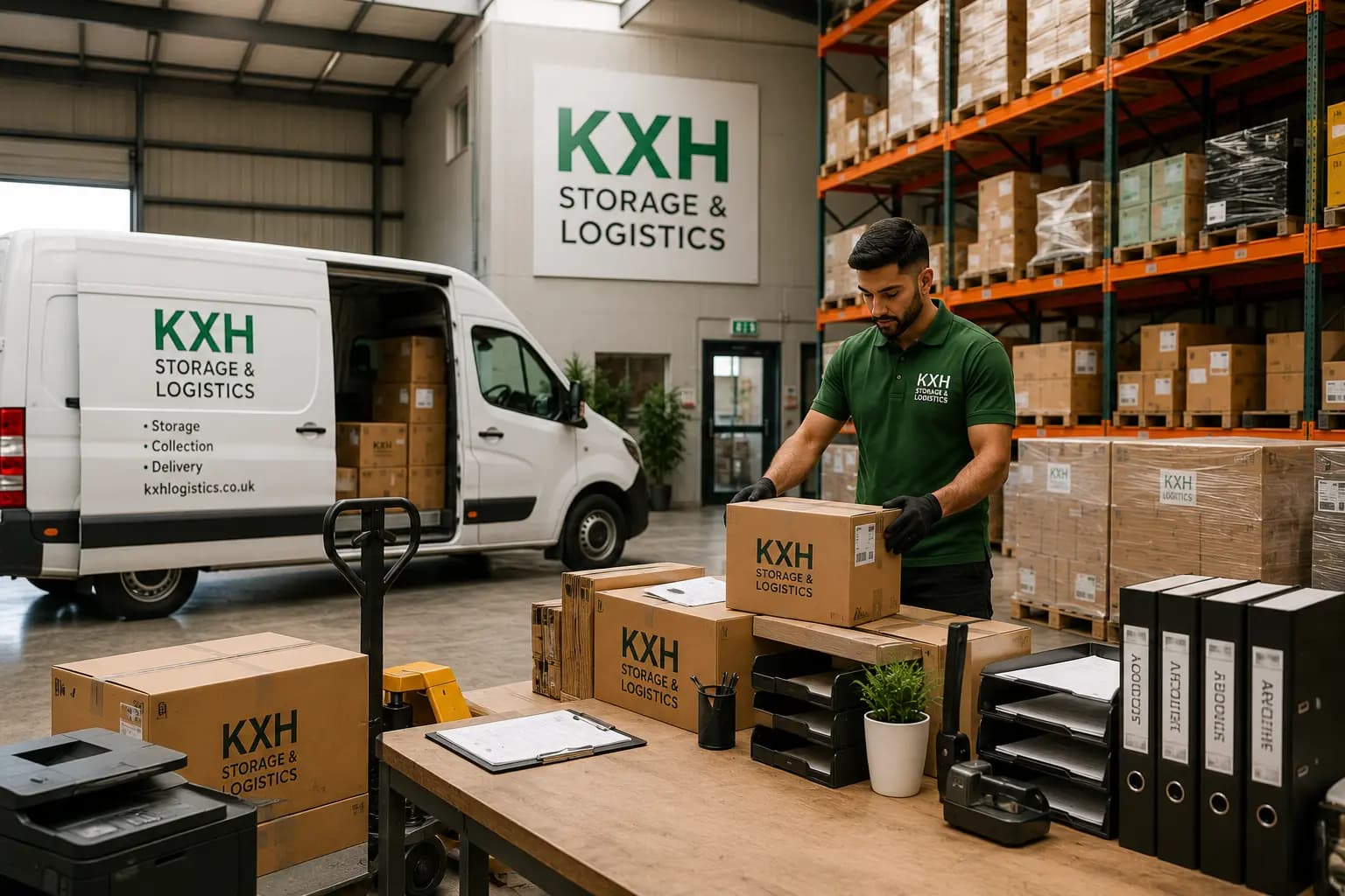 Business furniture stored inside a managed London warehouse