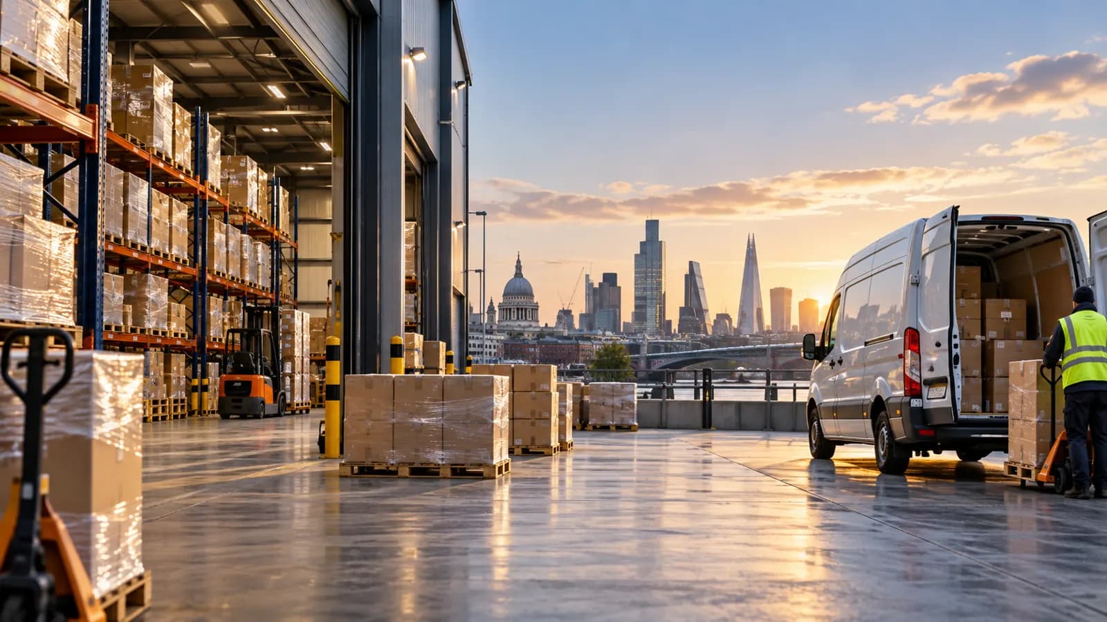 KXH Storage & Logistics warehouse loading bay with a collection van and the London skyline